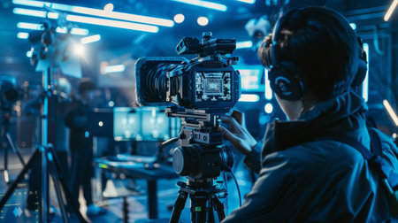 Behind the scene. Actor in front of the camera on the film set in film studio.の素材