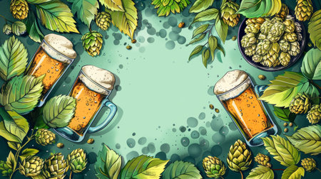 Wheat beer ads. hops and glasses.の素材