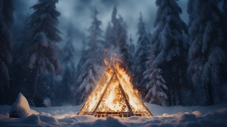 Fire burns in the snow in forest, on a background of snow covered trees.の素材