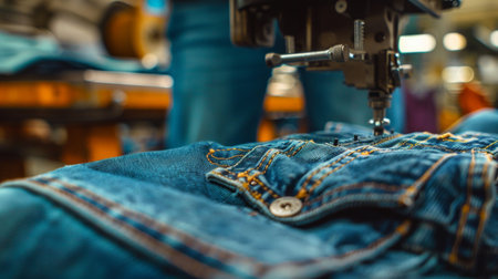 Jeans. Foot Of Sewing Machine On Jeans Fabricの素材