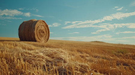 Golden sunset over farm field with hay bales.の素材