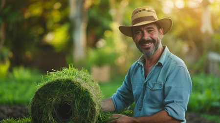 Man laying sod for new garden lawnの素材