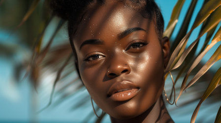 Outdoor lifestyle portrait of black beautiful teenage girl in bright outfit and sunglasses. Pretty hipster woman correct her curly hair. Sunny hot summer day at tropical beach with palms.の素材