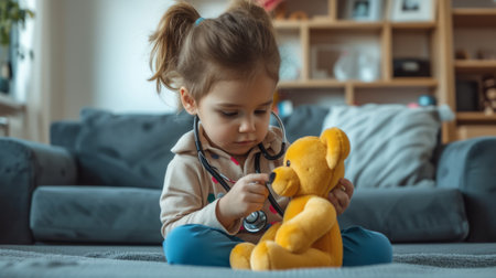 Cute kid girl playing doctor with plush toy at homeの素材