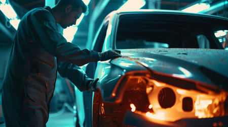 auto repairman worker in automotive industry examining car body painting or repaint at auto repair shopの素材