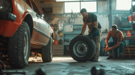 Car mechanic working in garage and changing wheel alloy tire. Repair or maintenance auto service.の素材