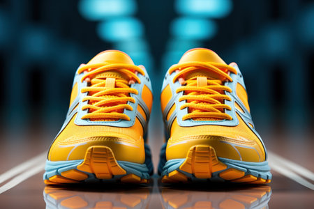 Sports sneakers on a blue background with developing laces. Side view, close-upの素材