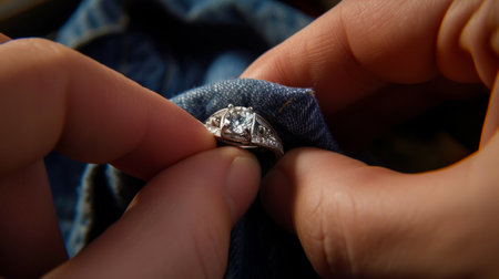 Jeweller cleaning jewelry diamond ring with fabric cloth.の素材