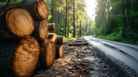 Forest pine and spruce trees. Log trunks pile, the logging timber wood industry. Wide banner or panorama wooden trunks.の素材