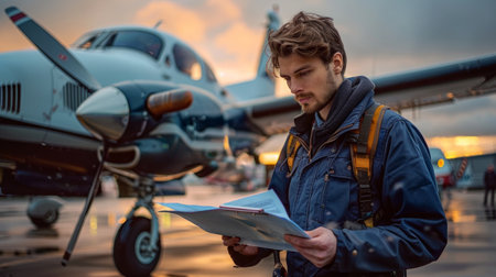In a Hangar Aircraft Airplane Technician, flight preparations in with a checklist.の素材