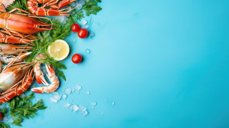 Seafood background on blue background. Top view. Seafood.の素材