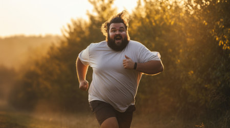 Funny overweight man jogging on the roadの素材