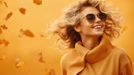 Autumn portrait of beautiful happy smiling young woman with yellow maple leaves wearing a french beret hat and jacket on gray backgroundの素材