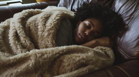 African american woman lying on sofa sleeping at home.の素材