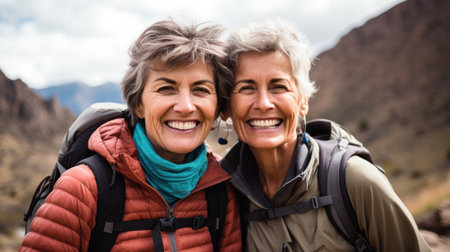 Portrait of a woman wearing jacket and backpack standing outdoors on foggy day. Close up of group senior woman hiker during a trekking campaign.の素材