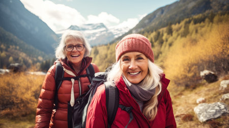 Portrait of a woman wearing jacket and backpack standing outdoors on foggy day. Close up of group senior woman hiker during a trekking campaign.の素材