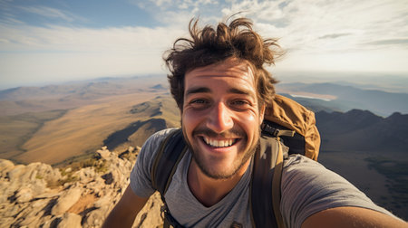Hiker taking a selfie while out trekking in the wildernessの素材