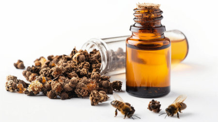 Bees Propolis Medicianal Ingredient with Tincture Extract in the Bottle Isolated on Whiteの写真素材