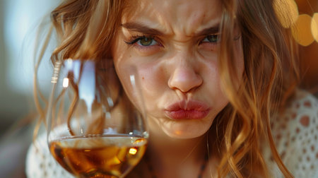 drunk and sad blond woman holding glass of red wine with a dissatisfied grimace on his face. Not tasty wineの素材