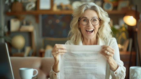 Beautiful 45 yo woman with newspaper between her hands spending time in the living room.の素材