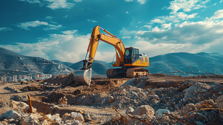 Big excavator on new construction site, in the background the blue sky and sun.の素材