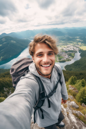 Hiker taking a selfie while out trekking in the wildernessの素材