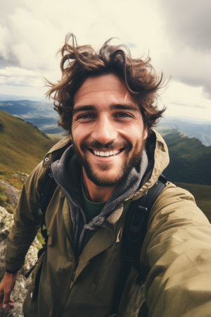 Hiker taking a selfie while out trekking in the wildernessの素材