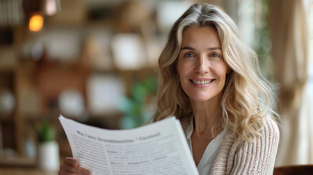 Beautiful 45 yo woman with newspaper between her hands spending time in the living room.の素材