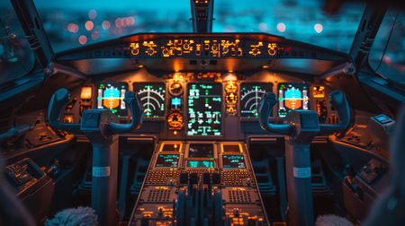 Interior of the cockpit Airplane. instruments for control and monitoring aircraft system.の素材