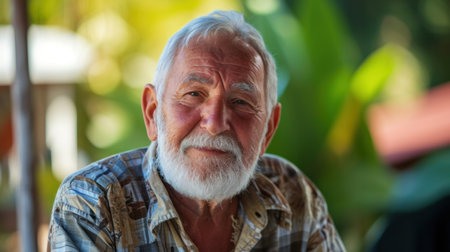 Happy older bearded man standing in nature park enjoying landscape. Smiling active mature traveler looking away exploring camping tourism nature mountains view feeling freedom. Close up portraitの素材
