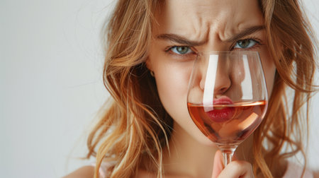 drunk and sad blond woman holding glass of red wine with a dissatisfied grimace on his face. Not tasty wineの素材