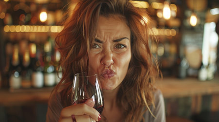 drunk and sad blond woman holding glass of red wine with a dissatisfied grimace on his face. Not tasty wineの素材