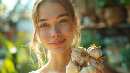 Young girl holding garlic smiling happy and positiveの素材