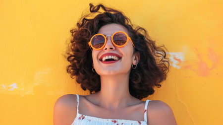 Beauty portrait of american woman with clean healthy skin on yellow background. Smiling dreamy beautiful haitstyle girl.の素材