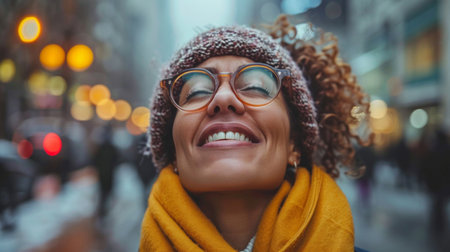 Waist up of a thoughtful elderly lady in winter clothes standing and looking awayの素材