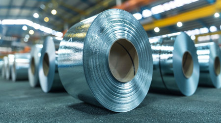 Rolls of galvanized steel sheet inside the factory or warehouseの素材