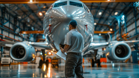 In a Hangar Aircraft Maintenance Engineer Shows Technical Data on Tablet Computer to Airplane Technician, They Diagnose Jet Engine Through Open Hatch. They Stand Near Clean Brand New Plane.の素材