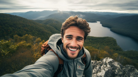 Hiker taking a selfie while out trekking in the wildernessの素材