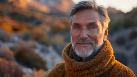 Happy older bearded man standing in nature park enjoying landscape. Smiling active mature traveler looking away exploring camping tourism nature mountains view feeling freedom. Close up portraitの素材