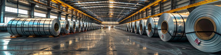 Rolls of galvanized steel sheet inside the factory or warehouseの素材