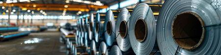 Rolls of galvanized steel sheet inside the factory or warehouseの素材