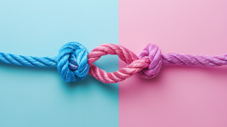 Rainbow ropes knotted together on bicolor background. Creative cooperation and teamwork conceptの素材
