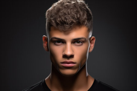 Dramatic concept Black and white close-up portrait of young handsome man looking forward. Studio shot on black backgroundの素材
