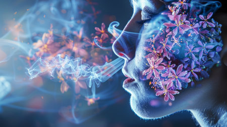 Fresh breath concept, transparent head with flowers and exhaled airの素材