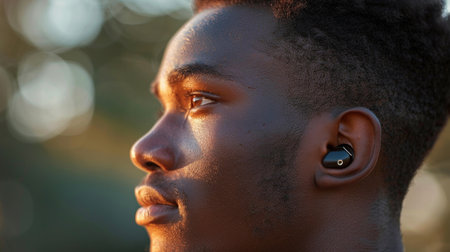 Ear, deaf and hearing aid closeup outdoors for sound, audio or communication. Technology, listening and man with a disability closeup for implant or medical innovationの素材