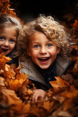 happy friends, schoolchildren having fun in autumn park among fallen leavesの素材