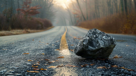 Road is blocked by big rock and debris to where it is a hazard for drivers in cars. Problems in business and life, conceptの写真素材