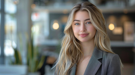 Portrait of young white woman in a busy modern workplaceのeditorial素材