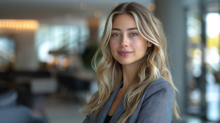 Portrait of young white woman in a busy modern workplaceのeditorial素材