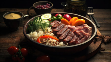 Bowl filled with meat, rice, apple, carrot, blueberry and other ingredientsの写真素材